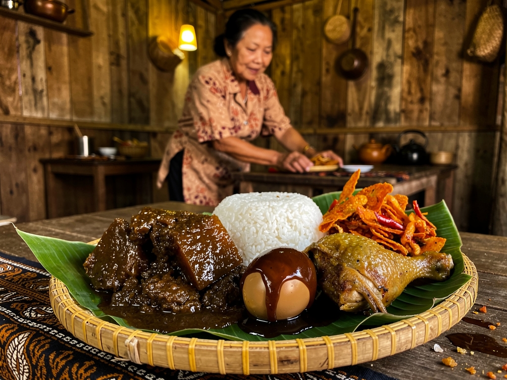 Gudeg Yogyakarta klasik dengan krecek, telur, dan ayam kampung