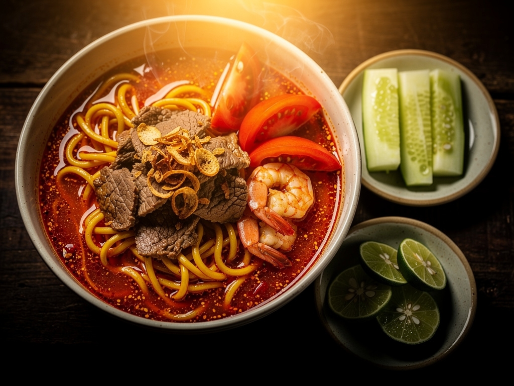 Mie Aceh kuah dengan potongan daging sapi dan rempah khas Aceh