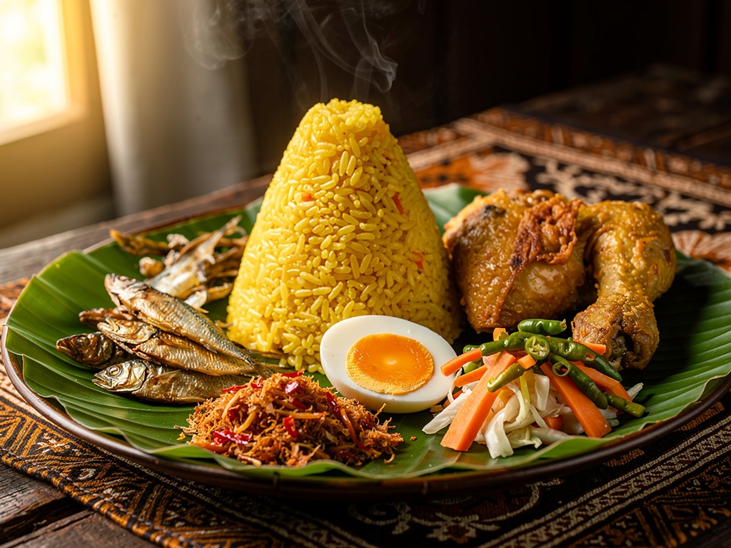 Nasi kuning Banjarmasin dengan lauk pauk khas Kalimantan Selatan