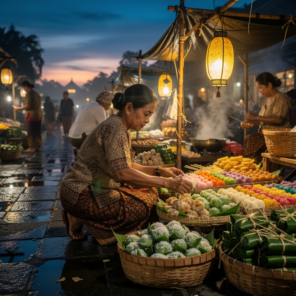 Suasana pasar pagi di Jawa dengan berbagai jajanan tradisional