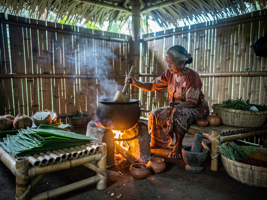 Proses memasak tradisional menggunakan tungku kayu dan peralatan memasak kuno