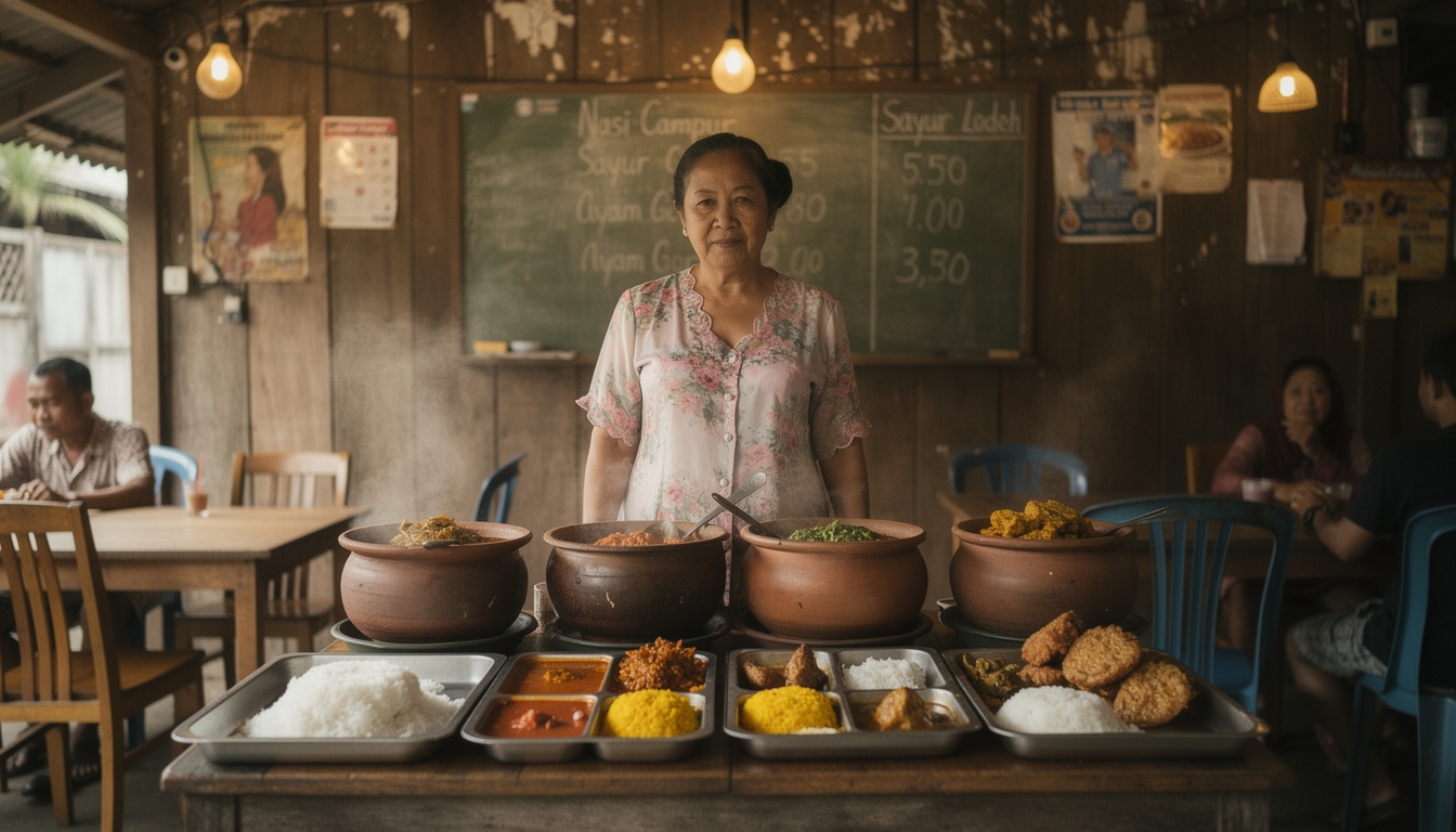 Suasana warung makan tradisional Indonesia dengan menu khas daerah